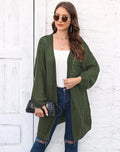 Women's loose fit acrylic sweater coat in army green, shown on a hanger.
