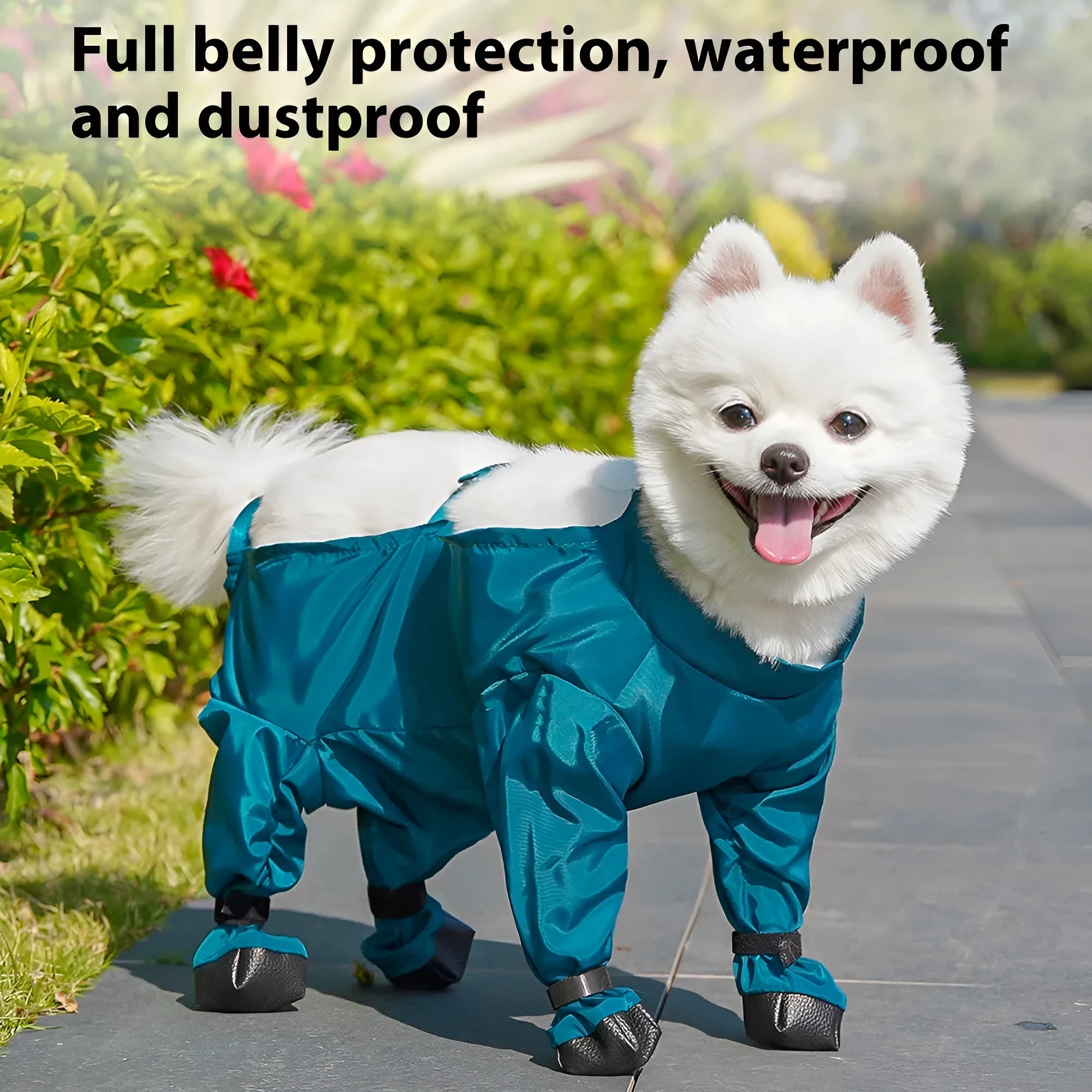 Peacock blue pet diaper bag belly jumpsuit made of waterproof memory cloth, laid flat showing foot-wrapped design