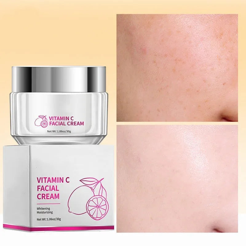 Square white jar of vitamin C face cream, 30g net content, showing product dimensions.