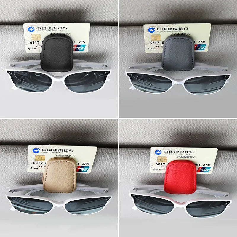 Car sunglasses holder made from PU leather clipped onto sun visor, beige colour, universal size