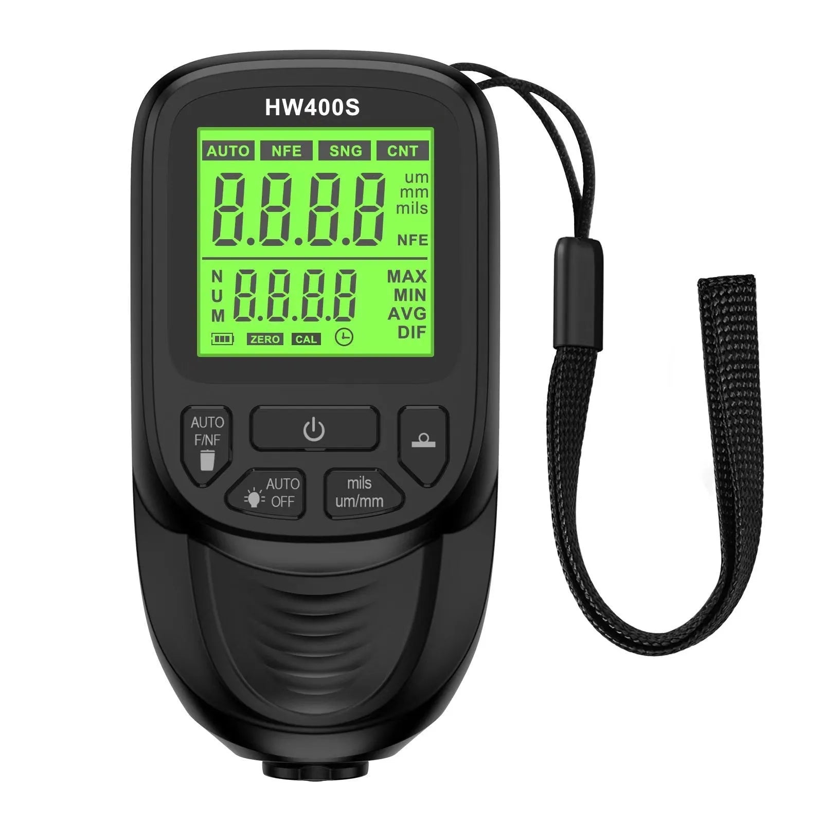 Hw-400s thickness gauge in black, measuring coating on metal surface, ABS body with digital display