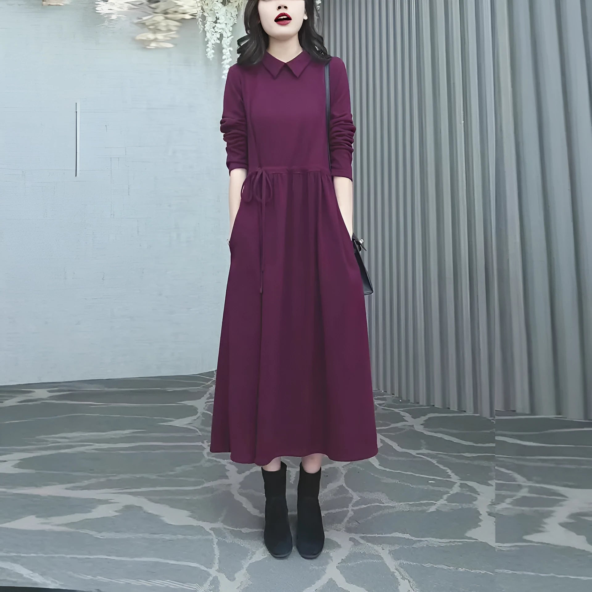 Purplish red women's plus size long sleeve dress with a long skirt for autumn and winter wear.