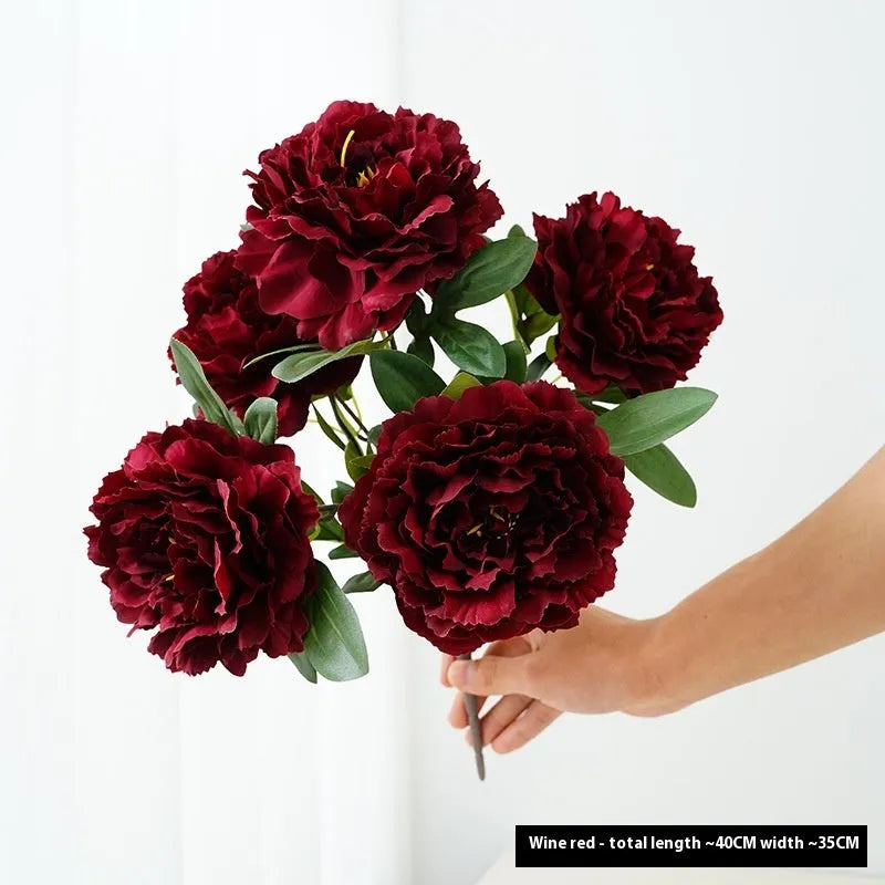Artificial 5-head peony silk bouquet 40cm in light champagne colour for wedding decor