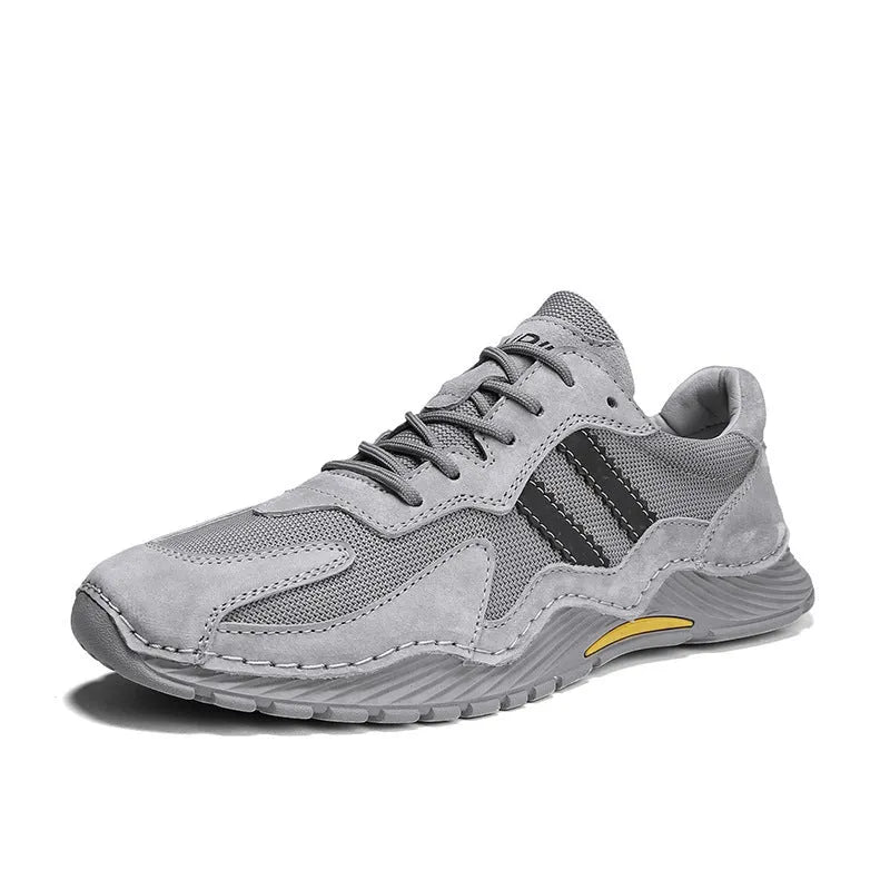 Men's low-top lace-up hiking boots with pigskin upper and platform sole in sand colour, side view