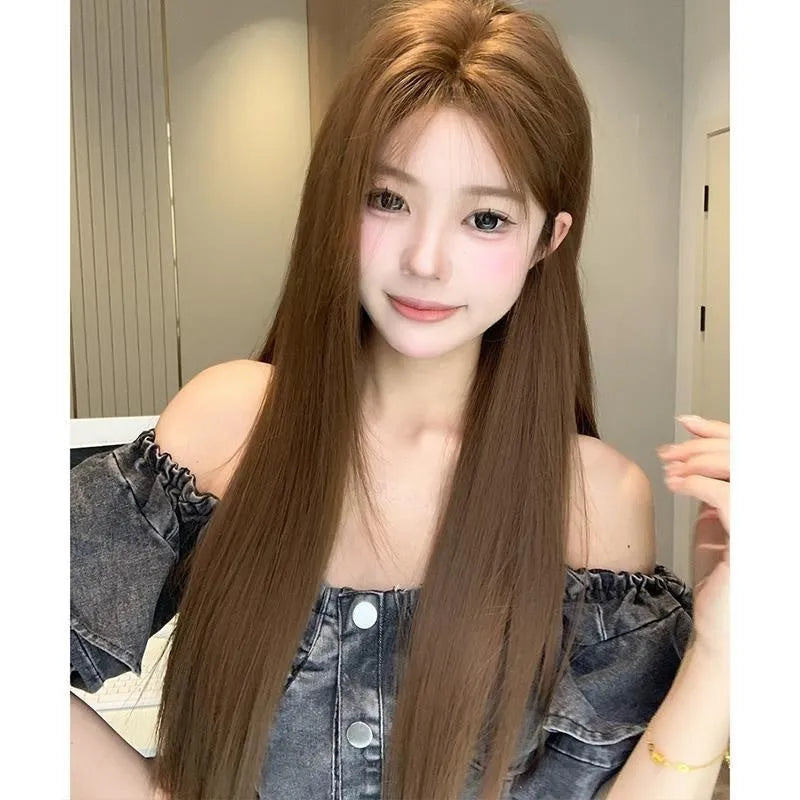 Warm brown lace wig with centre-parted bangs and long straight high-temperature fibre hair on a stand