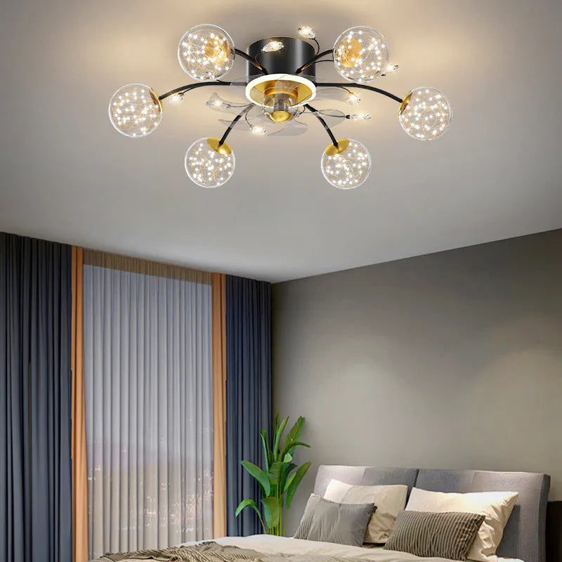New Nordic Star Fan Lamp: modern ceiling fan with crystal light, iron frame, glass shades, 8-head model