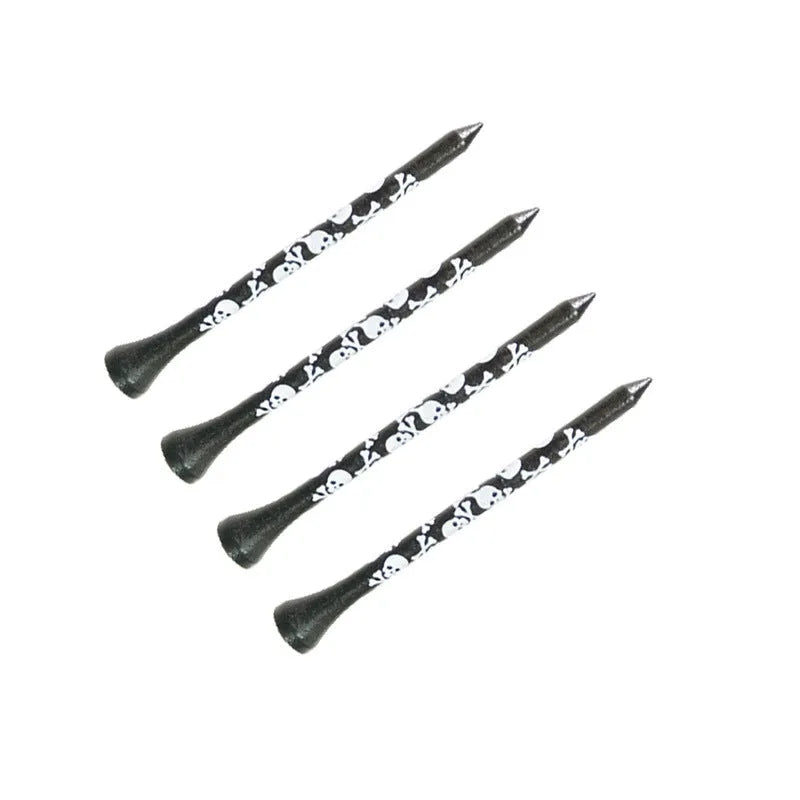 Ten bamboo dowel pins for golf spikes in two lengths with black skull print.