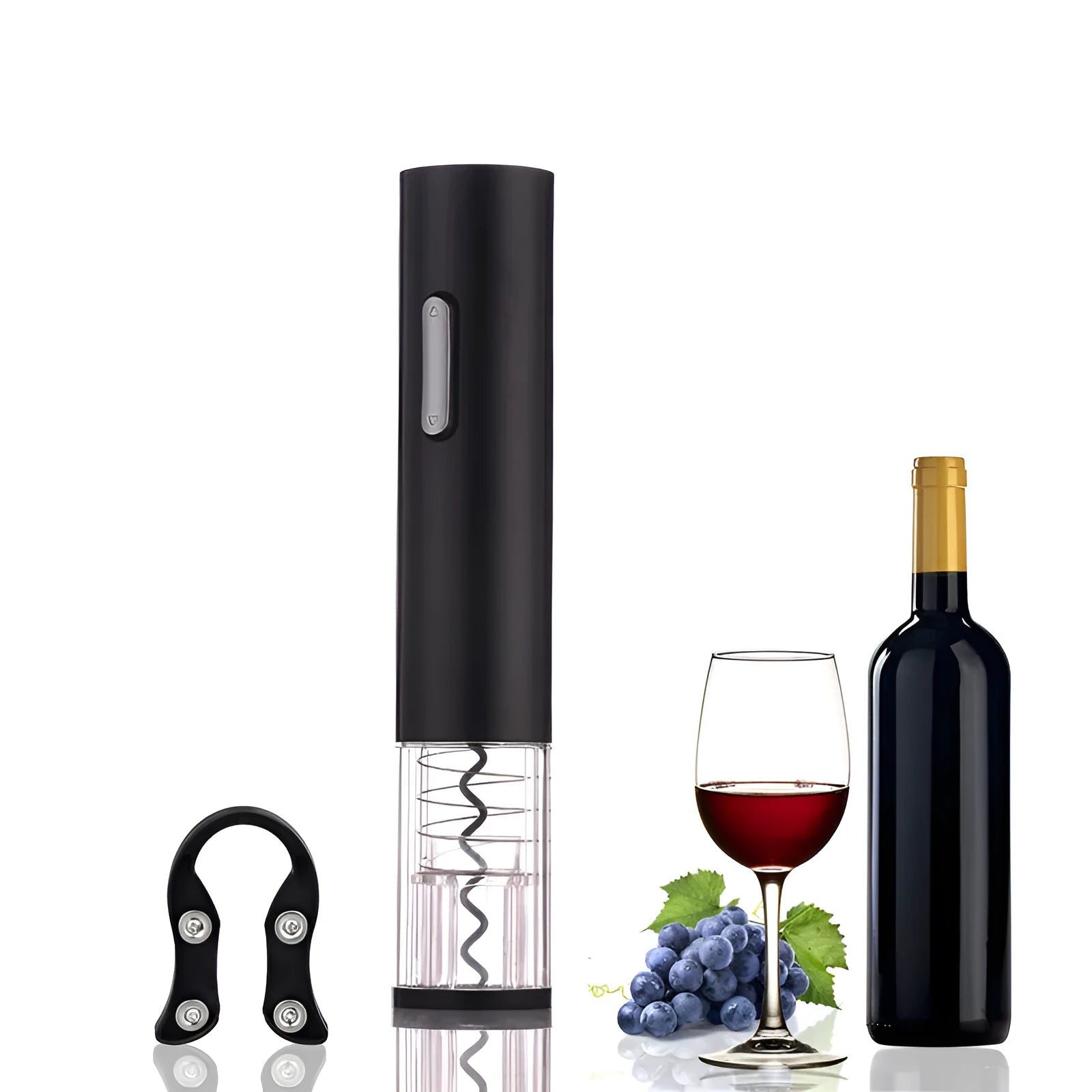 Automatic electric wine opener with foil cutter in black, red and white colour options.