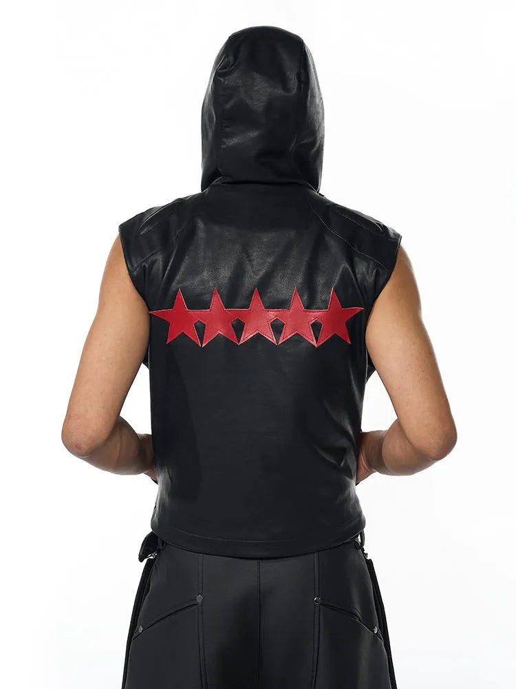 Men's black hooded PU leather waistcoat with five-pointed star print, slim fit, summer style