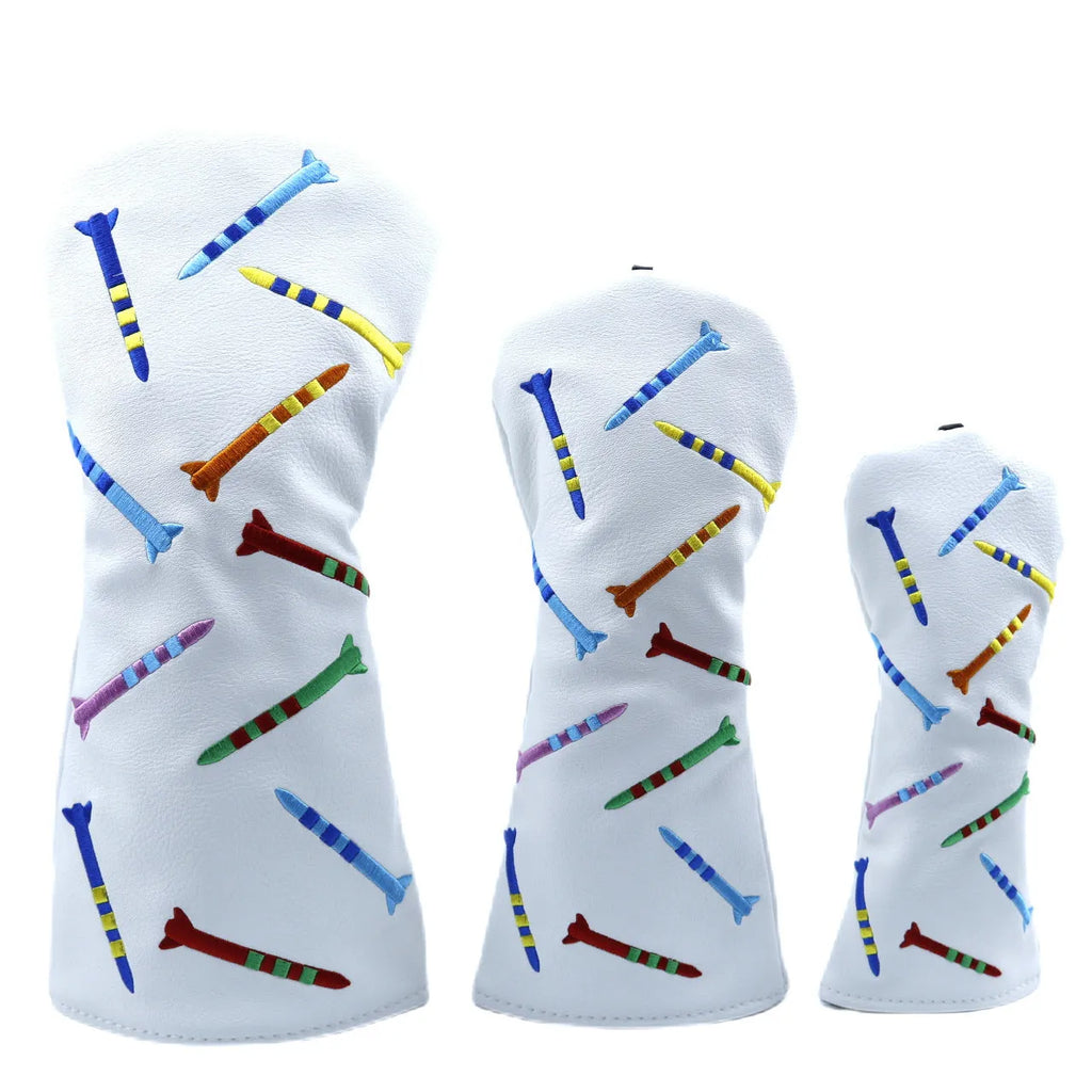 Golf club wooden pole sets in black and white colours showing large, medium and small size options