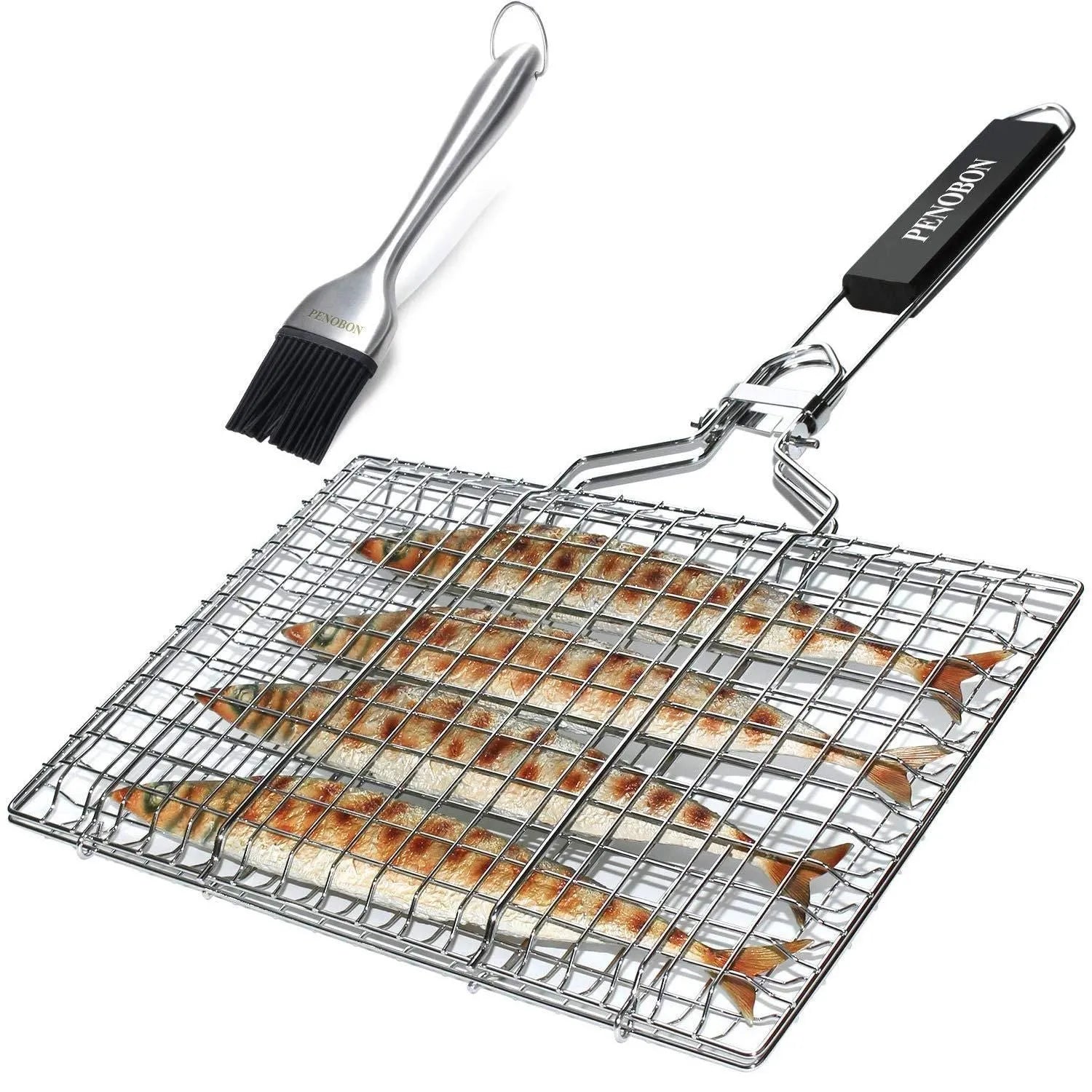 Square stainless steel barbecue mesh basket in a folded position next to a cleaning brush.