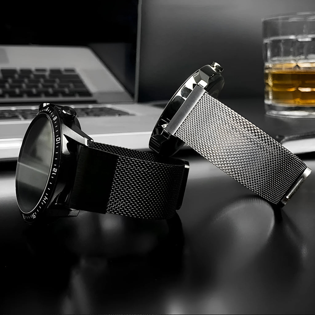 Stainless steel Garmin Fenix watch strap with integrated card slot in silver, black, gold, and rose gold finishes.