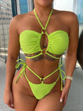 Women's split bikini lace-up triangle top in yellow green nylon fabric