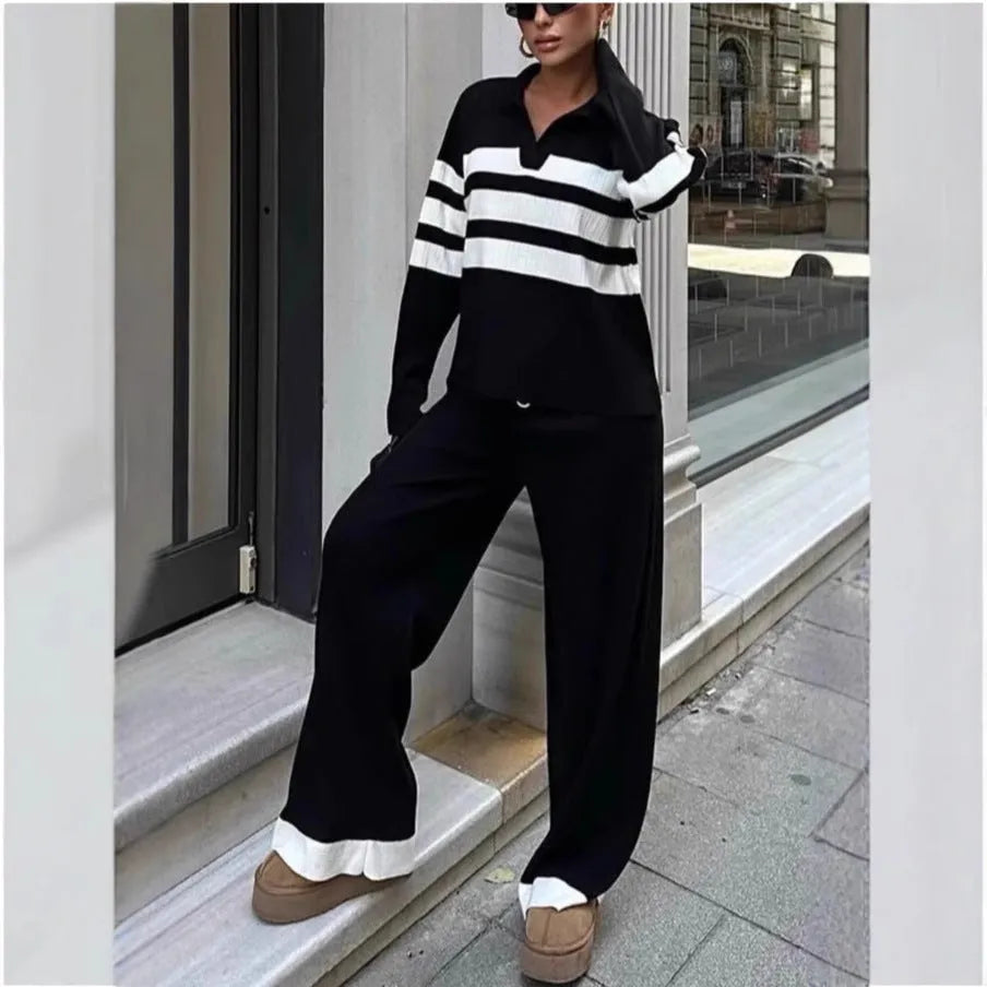 Women's black and white striped knitted polo collar shirt with matching trousers two-piece set