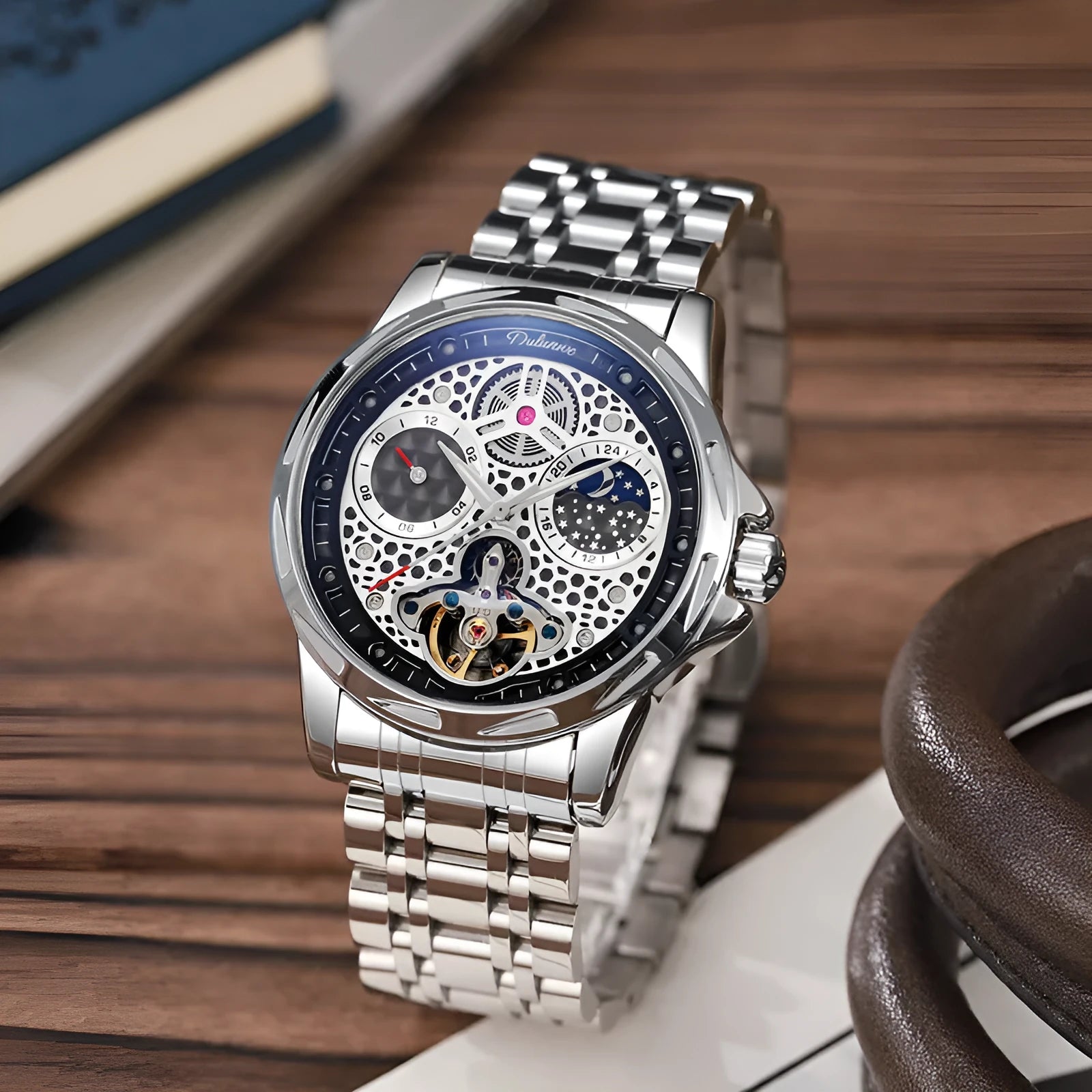 Men's waterproof automatic business watch with luminous features and 13mm thickness