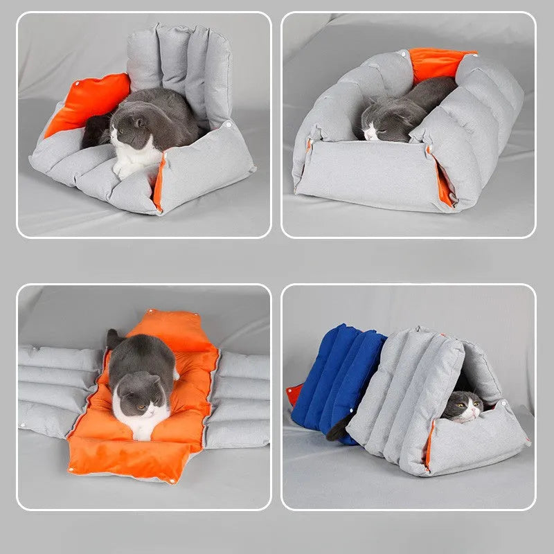 Triangular 100% cotton cat nest with removable cover in blue, 45x38x38cm, showing drilled holes for combination