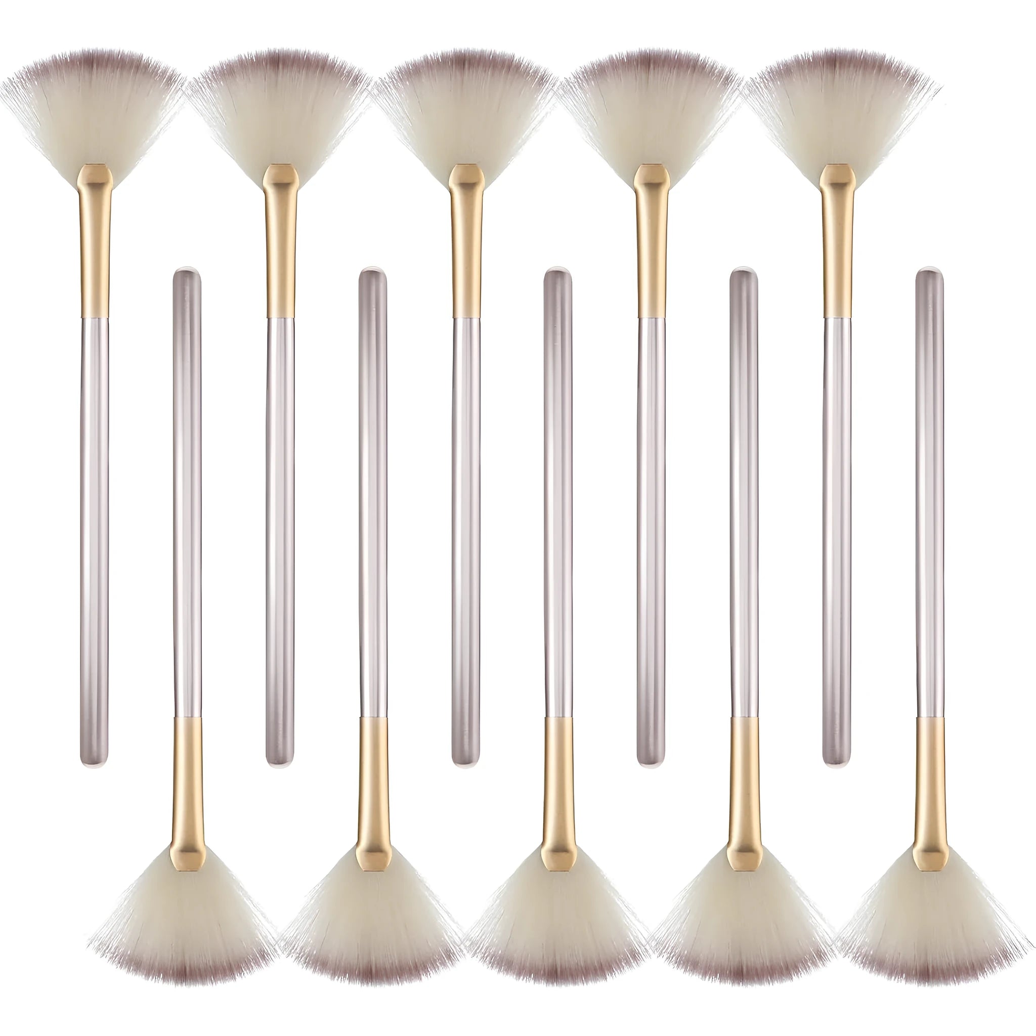 Ten champagne-coloured acrylic handle fan brushes with soft white bristles and clear protective covers.