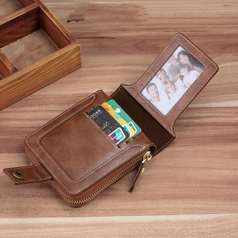 Men's short style PU bifold wallet in black with two-fold construction for card and cash storage