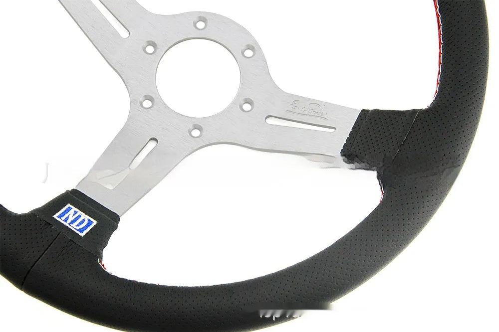 BMW steering wheel with leather surface and middle concave design, silver black colour
