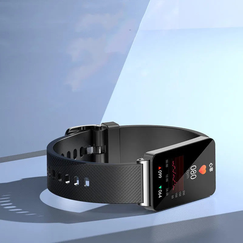 EP08 smart bracelet with touch screen on a wrist, showing black, gold, and silver TPU strap options.