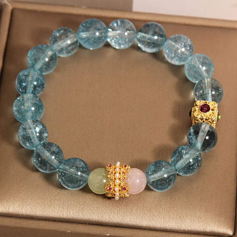 Blue crystal bracelet for women with natural cube sugar crystals and flexible ring in New Chinese style