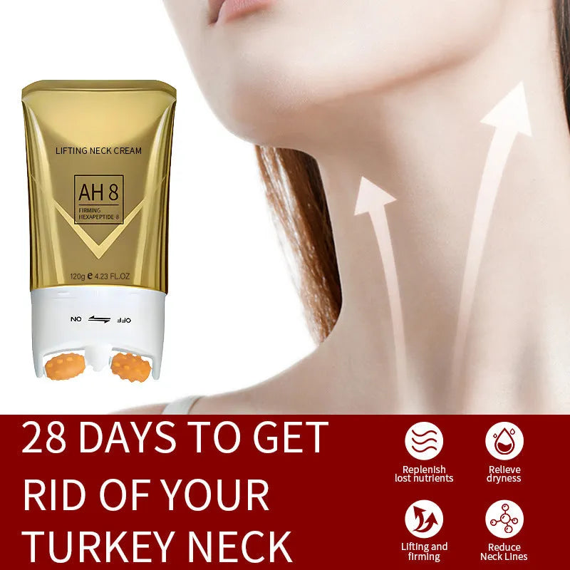 Roller neck firming cream moisturizer in 8.8 x 3.5 x 16.5 cm packaging with 120g content