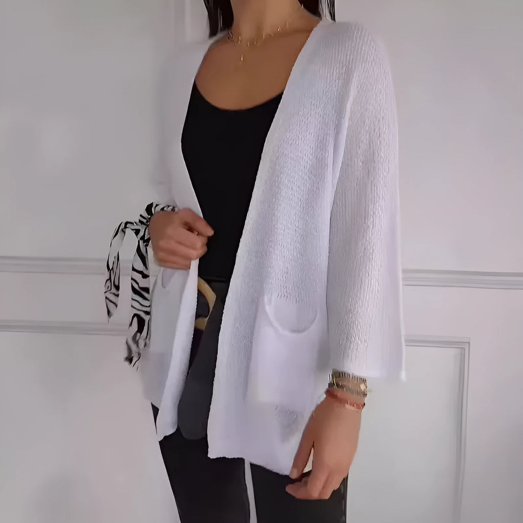 Women's waffle texture cardigan coat in army green with nine-quarter length sleeves and pockets