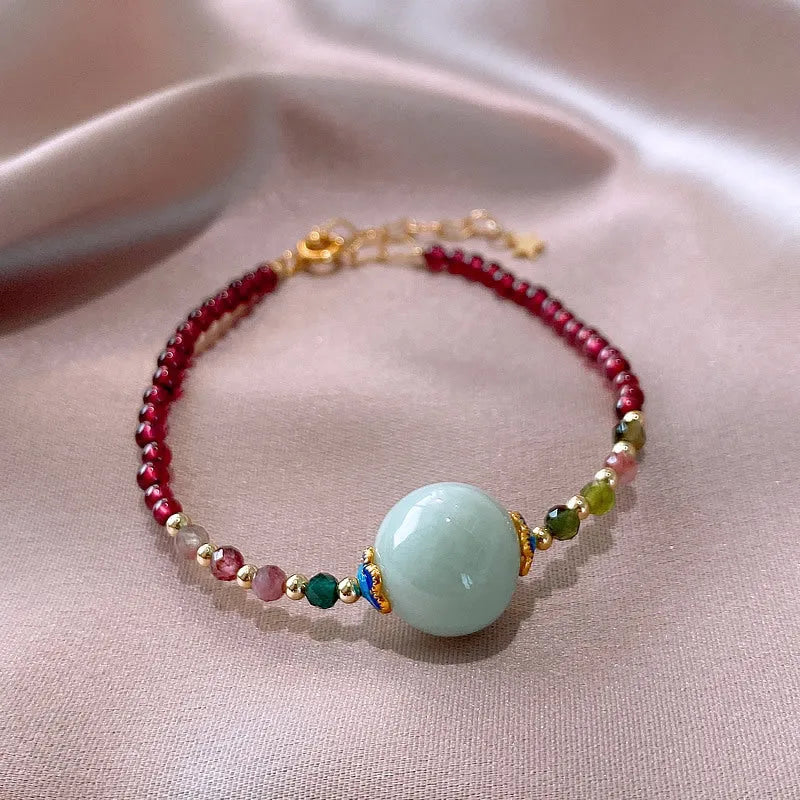 Women's Chinese style garnet tourmaline bracelet with drop shape beads and electroplated finish