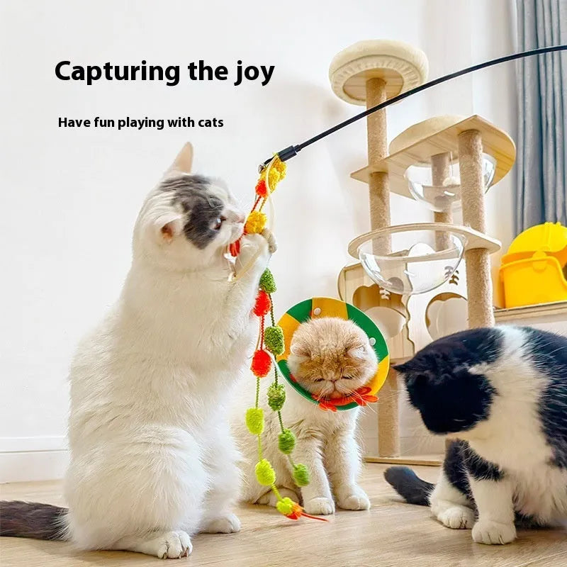 Rainbow cotton candy cat teaser with tassel and bell on lengthening bar, bite-resistant plush toy for indoor play