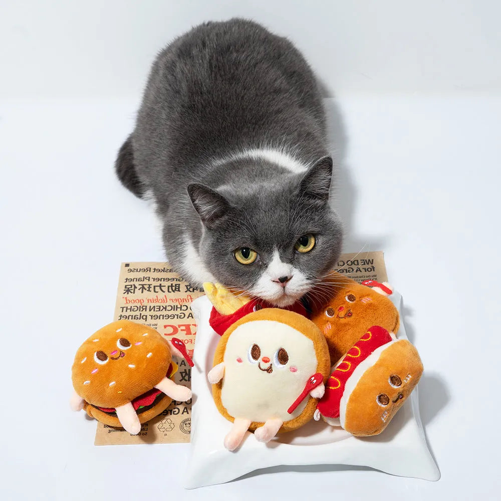 Cat chewing toy with hamburger and chicken leg designs for teething kittens