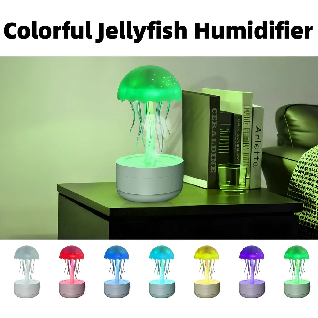White jellyfish essential oil diffuser with 300ml tank and 7-colour night light on a desk