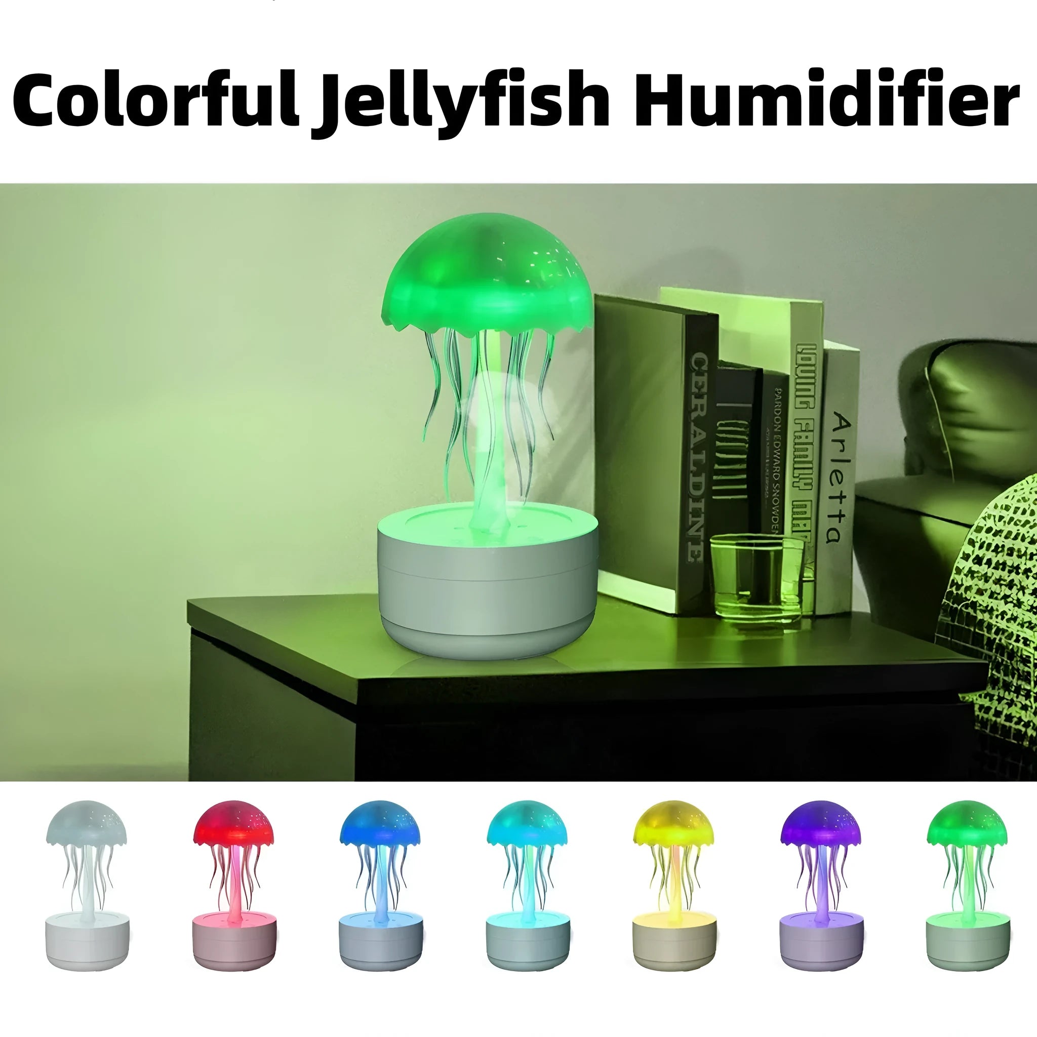 White jellyfish essential oil diffuser with 300ml tank and 7-colour night light on a desk