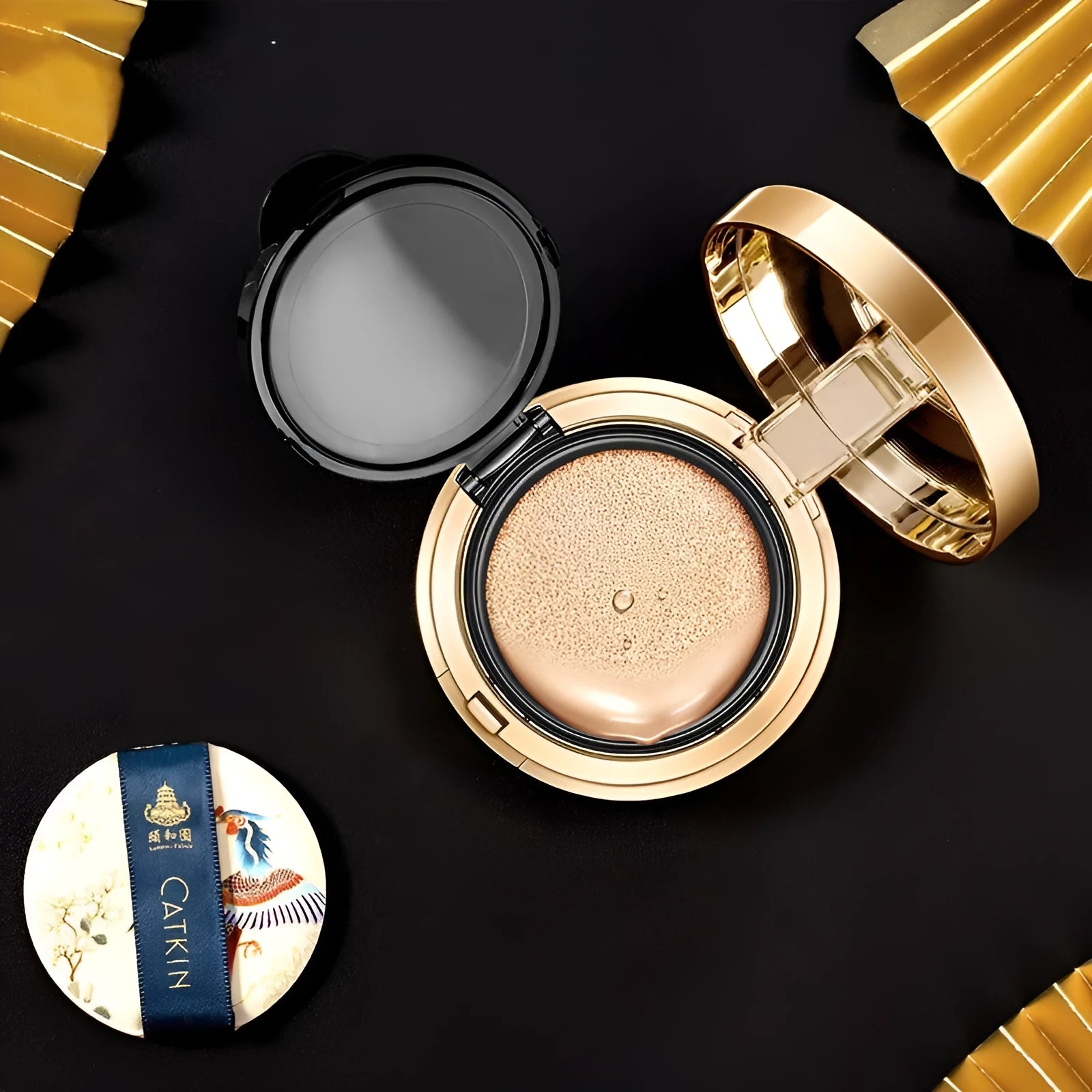 Air cushion BB compact with mirror showing C01 Natural Colour and C02 Ivory White shades for even skin tone