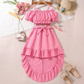 Girls retro printing two-piece set with solid colour top and flower print skirt, pink, polyester fiber