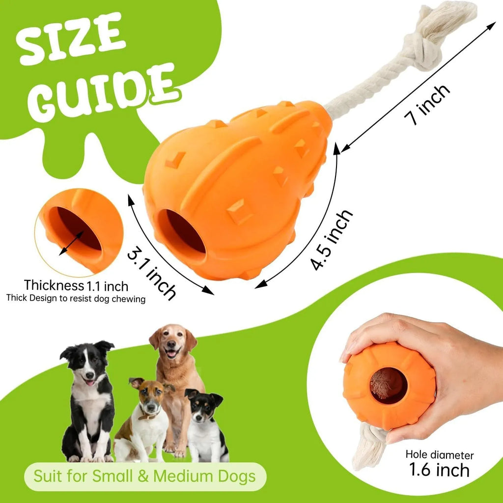 Natural rubber dog toy with treat-dispensing hollow centre and longer strap for fetch and tug
