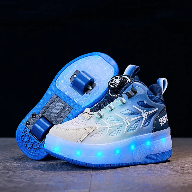 Children's adjustable roller skates with rotating knob system and striped design in blue, black, or pink colours