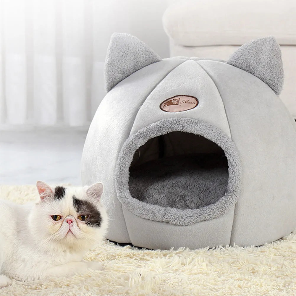 Winter cat nest fully enclosed sofa bed in grey, size XL 40cm, for indoor use