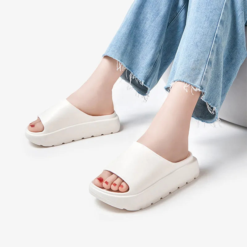 Women's beige fish mouth design slippers with a thick 5.5cm EVA sole for beach and home wear