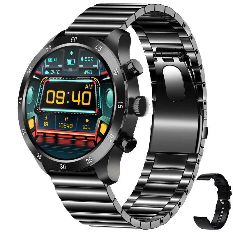 Black steel Bluetooth smart watch on wrist showing call interface