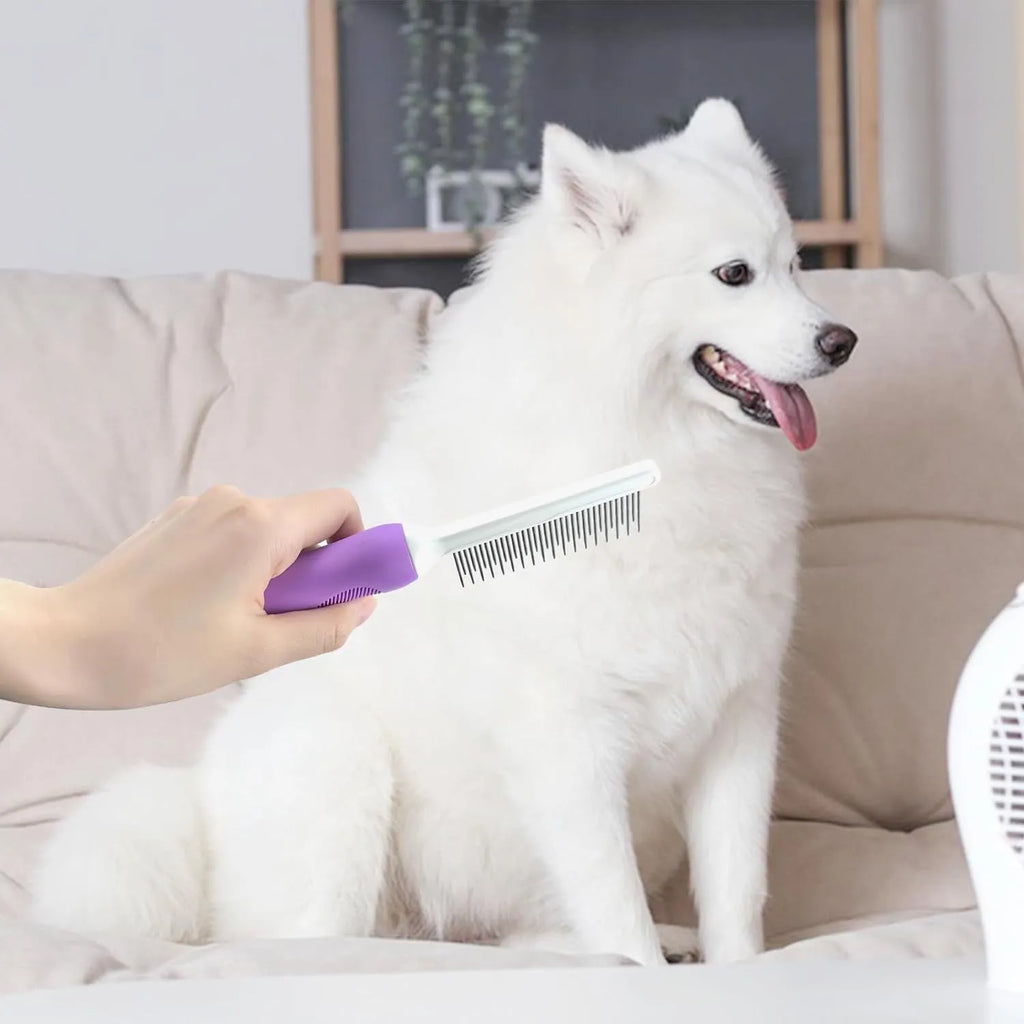 Purple pet grooming comb with stainless steel teeth for detangling cat and dog fur