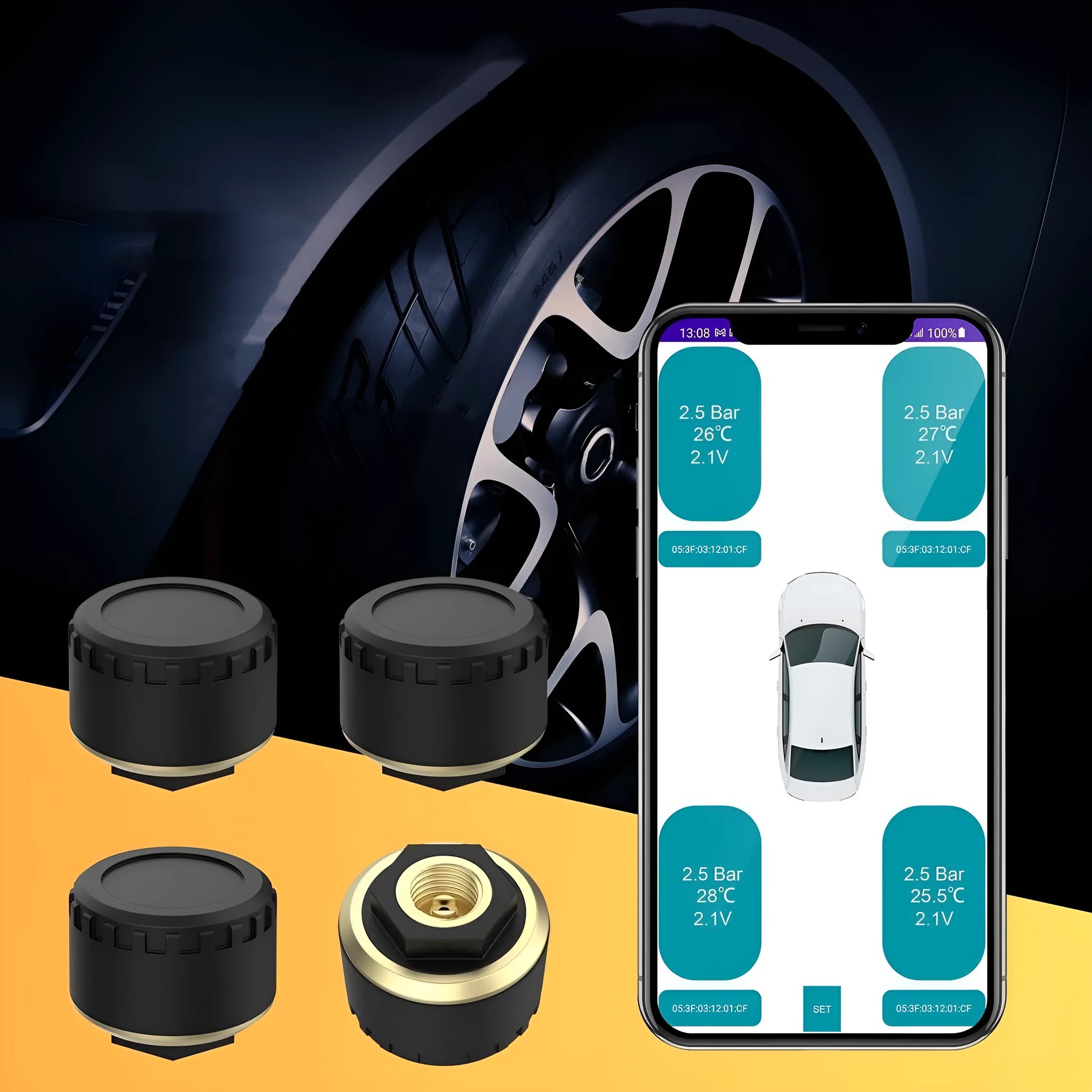 Black Bluetooth tyre pressure monitor for mobile phone display with four sensors