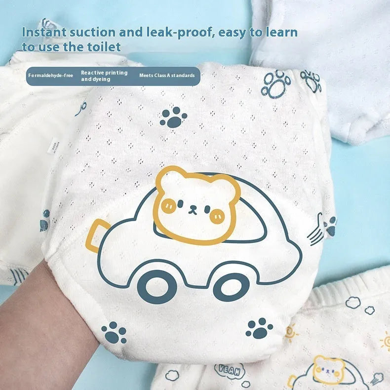 Newborn cloth diaper training pant in pure cotton gauze with waterproof outer, Bear Driving print, size 90 for babies under 9kg