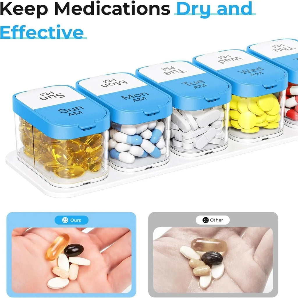 White and rainbow coloured plastic pill organiser with 14 removable compartments, shown with lid open.