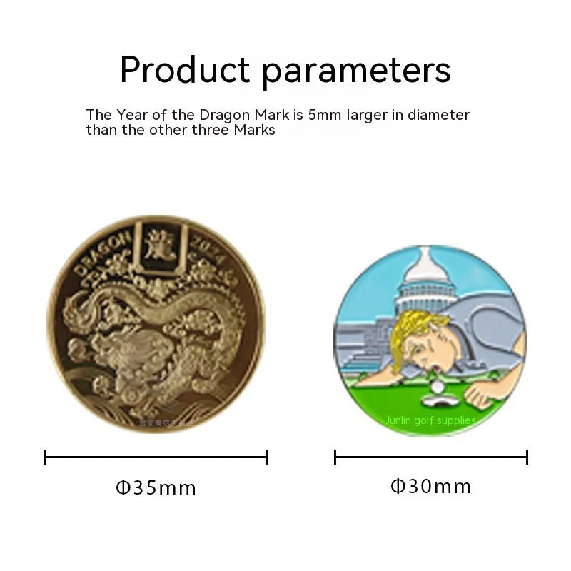 Zinc alloy golf hat clip showing Dragon Year, IDID logo, ace licking ball, and hair blowing machine design options