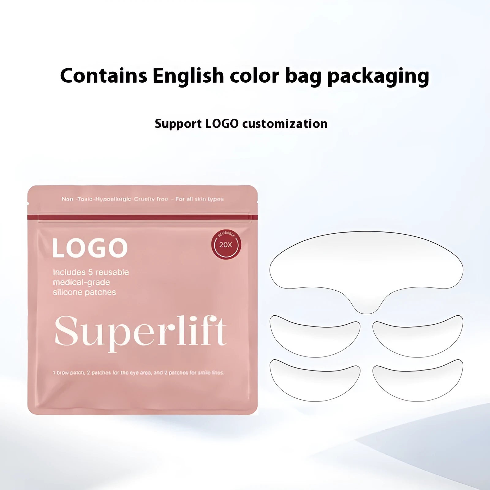 Five silicone anti-wrinkle face stickers with adhesive backing for wrinkle reduction