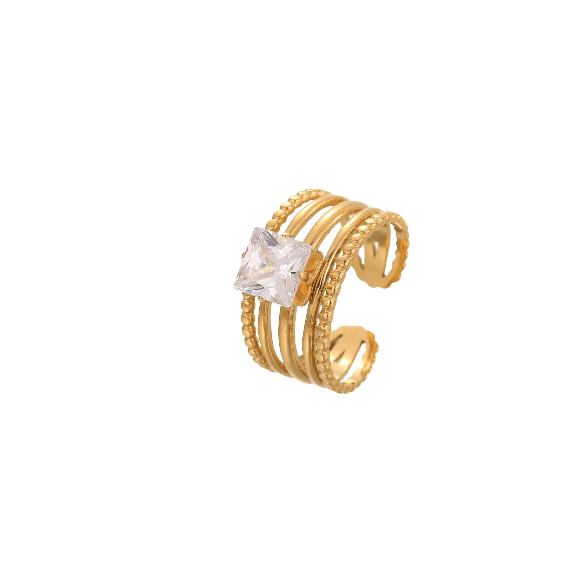 Women's gold stainless steel ring with zircon details on heart and drop shapes