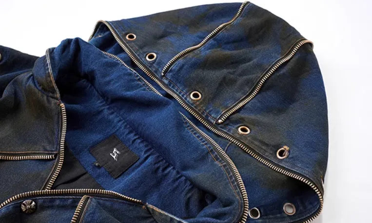Blue hooded denim vest coat and matching trousers men's two-piece casual set