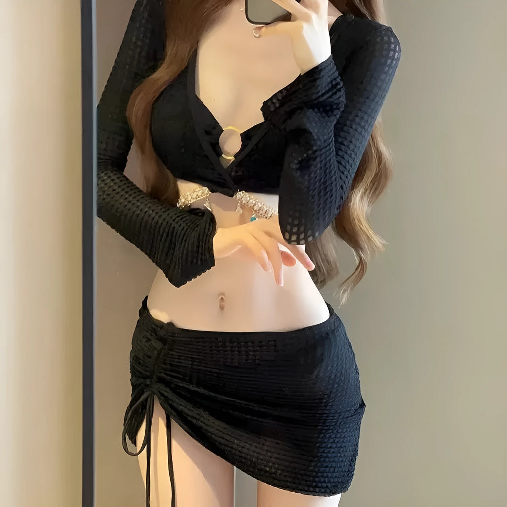 Women's long sleeve split bikini swimsuit in black polyester front view