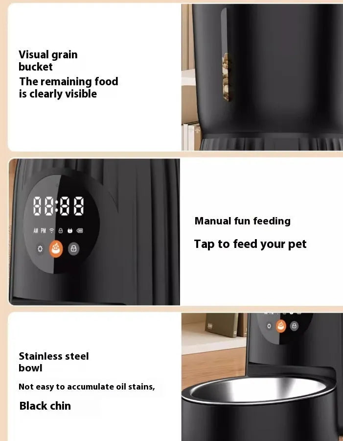 Black and white automatic pet feeder with digital timer display and USB cable