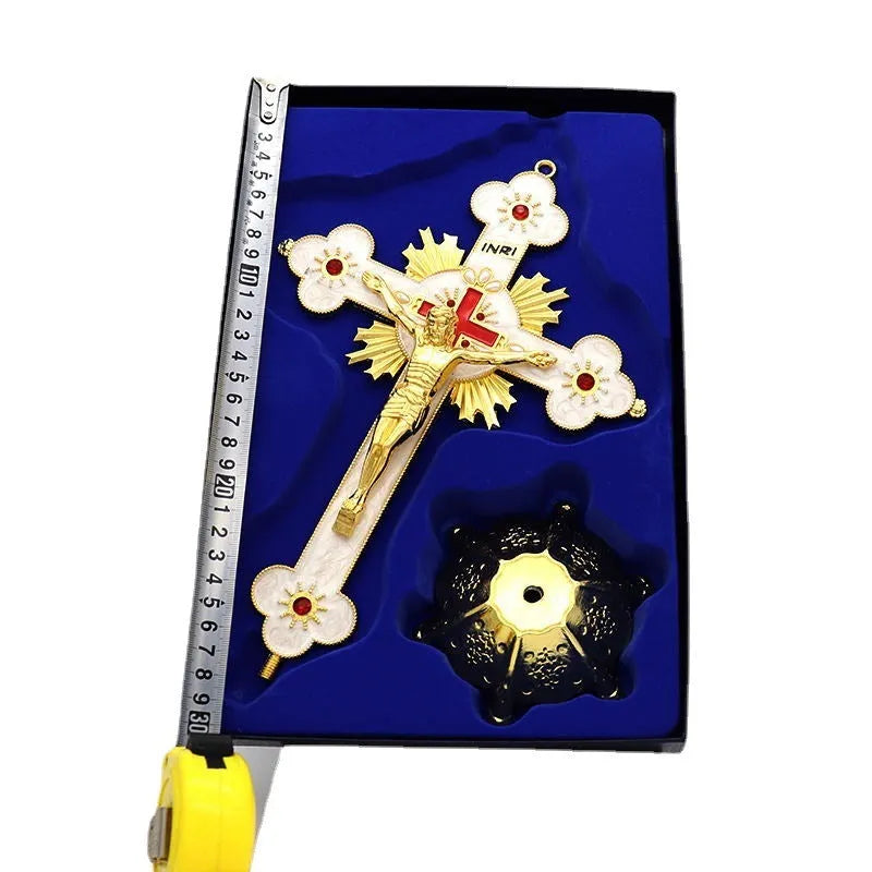 Micro-inlaid metal ornament in gold blue diamond finish, zinc alloy die cast, 30x19cm geometry shape